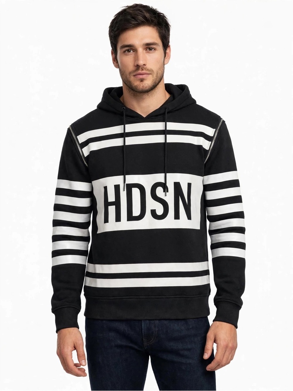 Hudson Outerwear Men's Black/White Striped Pullover Zipper Fleece Hoodie Logo M